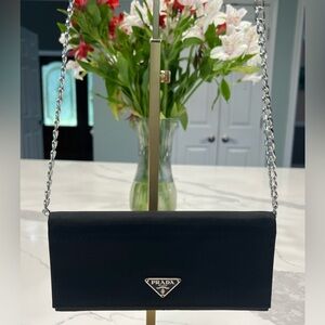Prada Black Clutch with Silver Chain